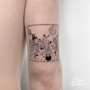 Capture the harmony of music, the tranquility of an oasis, and the bond of friendship in this fine line, illustrative tattoo by Chloe Mickham.