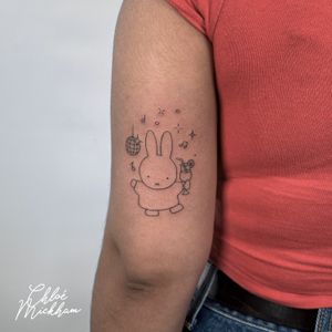 Get a minimalist fine line tattoo of a sweet Miffy-inspired bunny by talented artist Chloe Mickham.