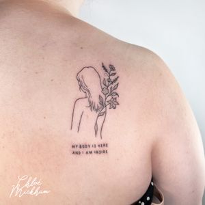 Experience the delicate artistry of Chloe Mickham with this intricate fine line and illustrative tattoo of a woman. Small lettering adds a personal touch to this beautiful design.