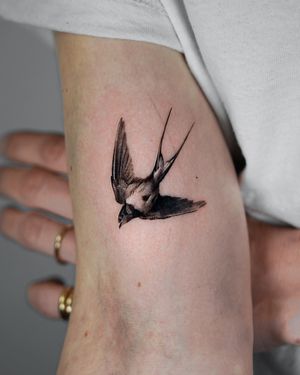Experience the intricate beauty of Viola's black and gray micro realism swallow tattoo. Fly high with this stunning piece of art.