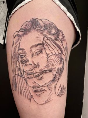 Elegant and surreal fine line tattoo featuring a woman's hands, expertly done by Ermis Atzemoglou on the upper leg.