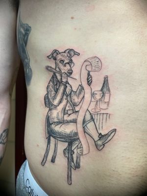 Ignorant style tattoo by Ermis Atzemoglou featuring a dog, chair, and wine in black and gray.