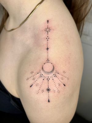 Hand-poked dotwork moon and pattern adornment by Indigo Forever Tattoos.