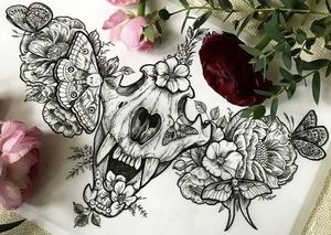 Blackwork skull and floral sternum design