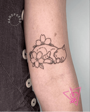 Hand-Poked Cat with Cherry Blossom Flowers by Pokeyhontas at KTREW Tattoo