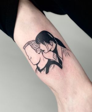 Capture the eternal bond between man and woman with this stunning blackwork arm tattoo by Miss Vampira. Let love and art seamlessly intertwine on your skin.
