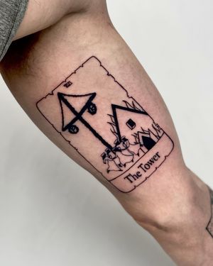 Unique blackwork tattoo featuring a tower and playing card motifs in small lettering by Miss Vampira.