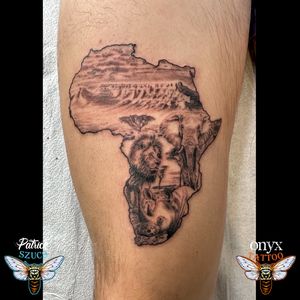 Realism Tattoo of an African seen, with a lion, rhino, and elephant. #tattoo #tattoos #tat #tats #ink #inked #tatt #tatts #onyxtattoo #szucs #patrickszucs #patrickszucstattoo #folsomtattoo #folsom #eldoradohills #eldoradohillstattoo #sacramento #sacramentotattoo #sacramentotattoos #tattooshop #tattooparlor #tattooartist #africa #africatattoo #lion #rhino #elephant #realismtattoo