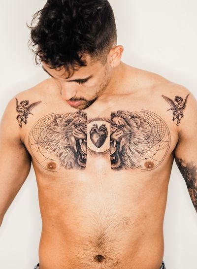 Elegant black and gray chest tattoo featuring a geometric lion, heart, and intricate patterns in stunning micro-realism style by Gabriele Edu.