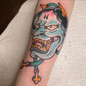 Hannya mask tattoo made by Pat Duval at the Bell Rose Tattoo in Daphne, Alabama.