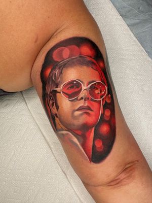 Elton John portrait tattoo made by Pony Stephenson at the Bell Rose Tattoo in Daphne, Alabama.