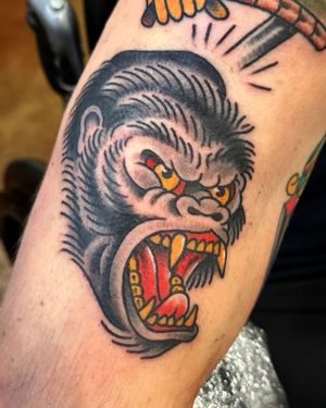 Gorilla head tattoo made by Pat Duval at the Bell Rose Tattoo in Daphne, Alabama.