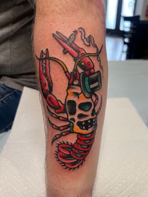 Cajun Craw Daddy tattoo made by Brent Mccarron at the Bell Rose Tattoo in Daphne, Alabama.