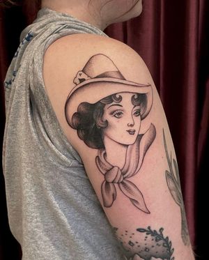 Cowgirl tattoo made by Peter Anderson at the Bell Rose Tattoo in Daphne, Alabama.