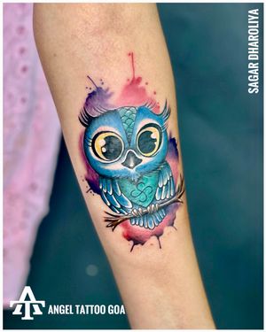 Colourful Owl  Tattoo Done By Sagar Dharoliya At Angel Tattoo Goa - Best Tattoo Artist in Goa - Best Tattoo Studio in Goa - Best Tattoo Studio in Baga Goa 