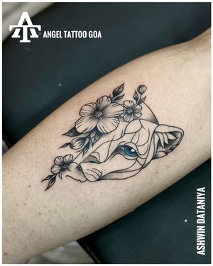 Lioness With Flower Tattoo Done By Ashwin At Angel Tattoo Goa - Best Tattoo Artist in Goa - Best Tattoo Studio in Goa - Best Tattoo Studio in Baga Goa 
