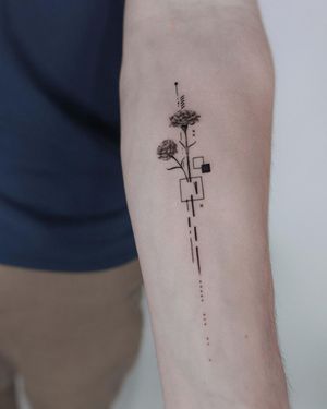 Elegant forearm tattoo featuring fine line floral and geometric elements by El Bernardes. Explore the beauty of micro realism with this artistic piece.