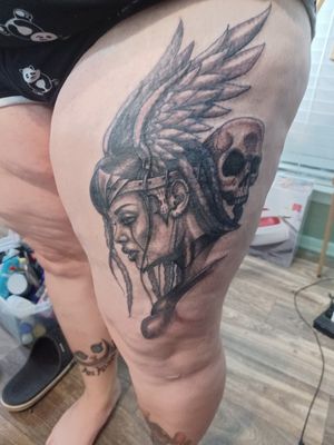 Black and grey Valkyrie tattoo on the thigh. I'm a tattoo artist in Arlington, Texas at TeeBirds Ink tattoo studio. 