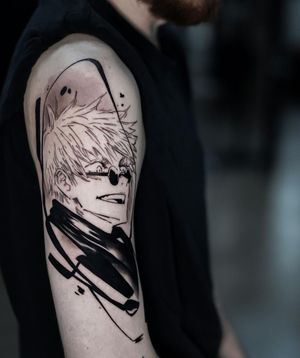 Express your love for Jujutsu Kaisen with this striking blackwork tattoo of the iconic character on your upper arm. By talented artist Artemis.