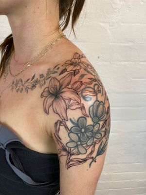 Lily flower tattoo to fill gaps and work with current tattoos 