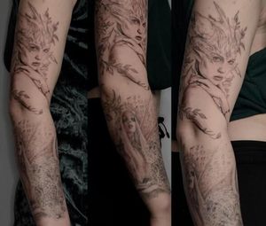 Capture the beauty and elegance of a woman with this black and gray realism tattoo by Jens Lemmens. Perfect for a sleeve design.