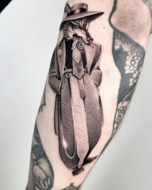 Unique dotwork design of a fox wearing a gangster hat by renowned artist Martin Rosenberg. Perfect for arm placement.