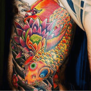 Carp koi and lotus flower.