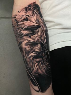Poseidon shark tattoo 
Black and grey style 
Time: one session 7 hours 
