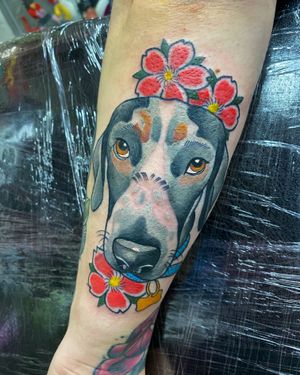 Neo trad doggo portrait smashed into the gap behind the elbow 