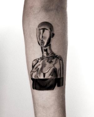 Black and gray forearm tattoo by Jay Soze showcasing a detailed micro realism design of a robot and woman.