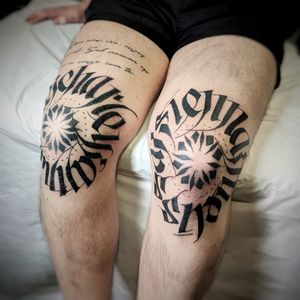 Unique lettering design by Chun Lee with intricate pattern and powerful quote, perfect for knee placement