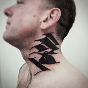 Unique blackwork pattern and quote lettering tattoo on neck by talented artist Chun Lee.