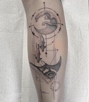 Explore the depths with this intricate fine line tattoo featuring a geometric shark, waves, and sting ray by Federico Colantoni.