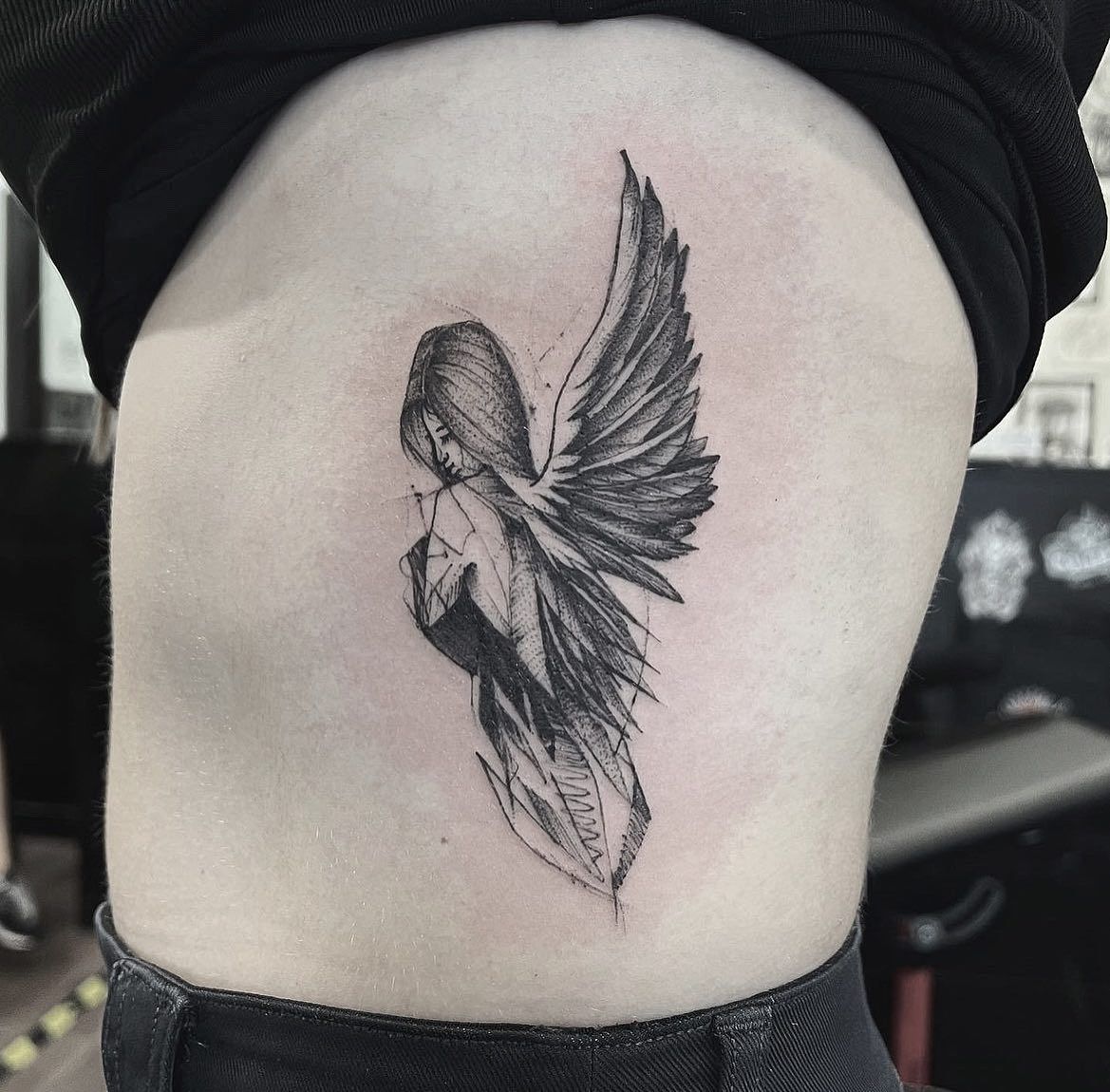 Black And Grey Angel With Flying Bird Tattoo Design For Sleeve