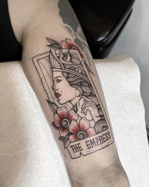 Elegantly detailed fine line tarot card tattoo on the arm, expertly done by Federico Colantoni.