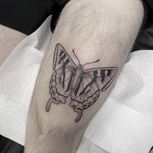 Experience the delicate beauty of a fine line butterfly tattoo by Federico Colantoni on your upper leg. Realism meets elegance in this stunning piece.