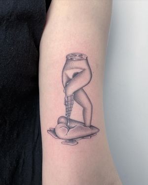 Unique black and gray upper arm tattoo by Fresh Flower featuring a surreal twist with a screw and legs motif.