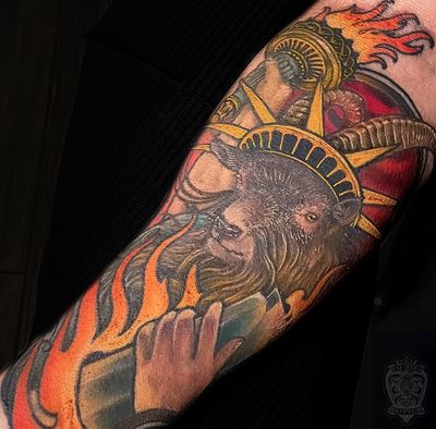The new Statue of Liberty 🗽.. Done by me at @10kf_nyc . . . . . . . #newyorkcity #nycpunk #nyhc #tattooartist #tattooart #goat #goattattoo #statue #statueofliberty #hell #behemoth #nyctattoo #nyctattoos #brooklynpunk #brooklynart #devil #deviltattoo #animalstattoo #lucifer #handtattoo #armtattoo #colortattoo #radtattoos @radtattoos #newtattoo #neotraditionalworld #neotraditionaltattoo #neotrad #neotradusa @neotradusa @neotradtattoousa @neotraditionaltattooers @neotraditionalworldwide @neotraditionaleurope @neotraditionaltattoo @10kf_nyc @fkirons @eternalink @razorbladepro @inkedmag #inkedmag @skinartmag @skindeepmag @skindeepmagazine @skinartmag @skinart_collectors