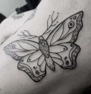 Graceful butterfly and intricate lines on arm by talented artist Elisa Thirteen. Delicate and stunning design.