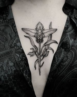 Elegant black and gray fine line floral design on chest by Elisa Thirteen, featuring intricate flowers and leaves.