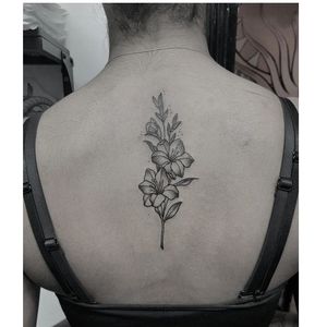 A stunning black and gray dotwork floral tattoo on the back, created by the talented artist Elisa Thirteen.