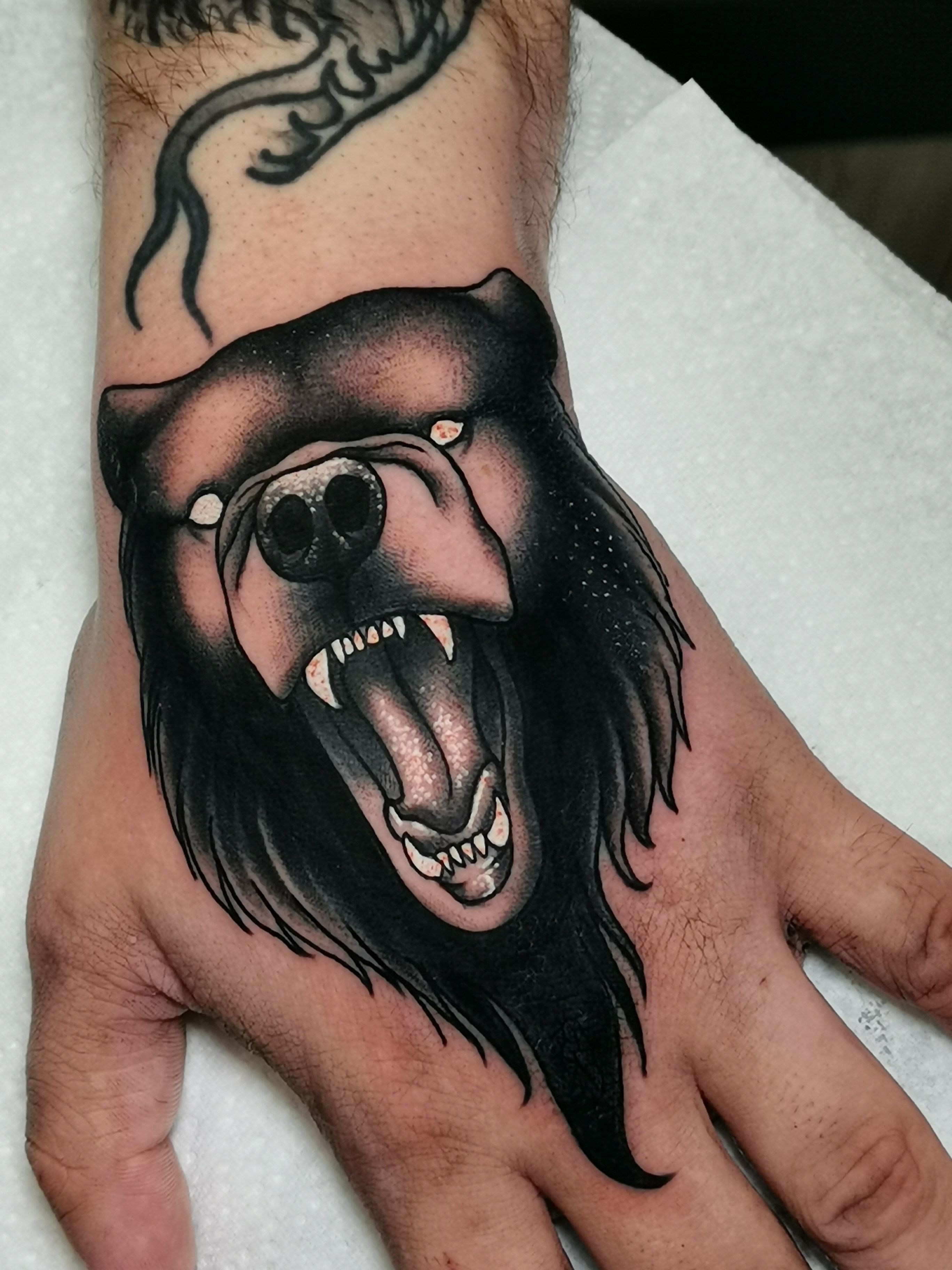 Bear on my hand by Derek Noble at Dark Age Tattoo in Seattle Washington   rtattoos