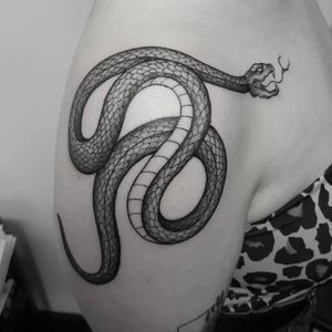 Experience the allure of a black and gray snake tattoo on your upper arm, expertly done by Elisa Thirteen.