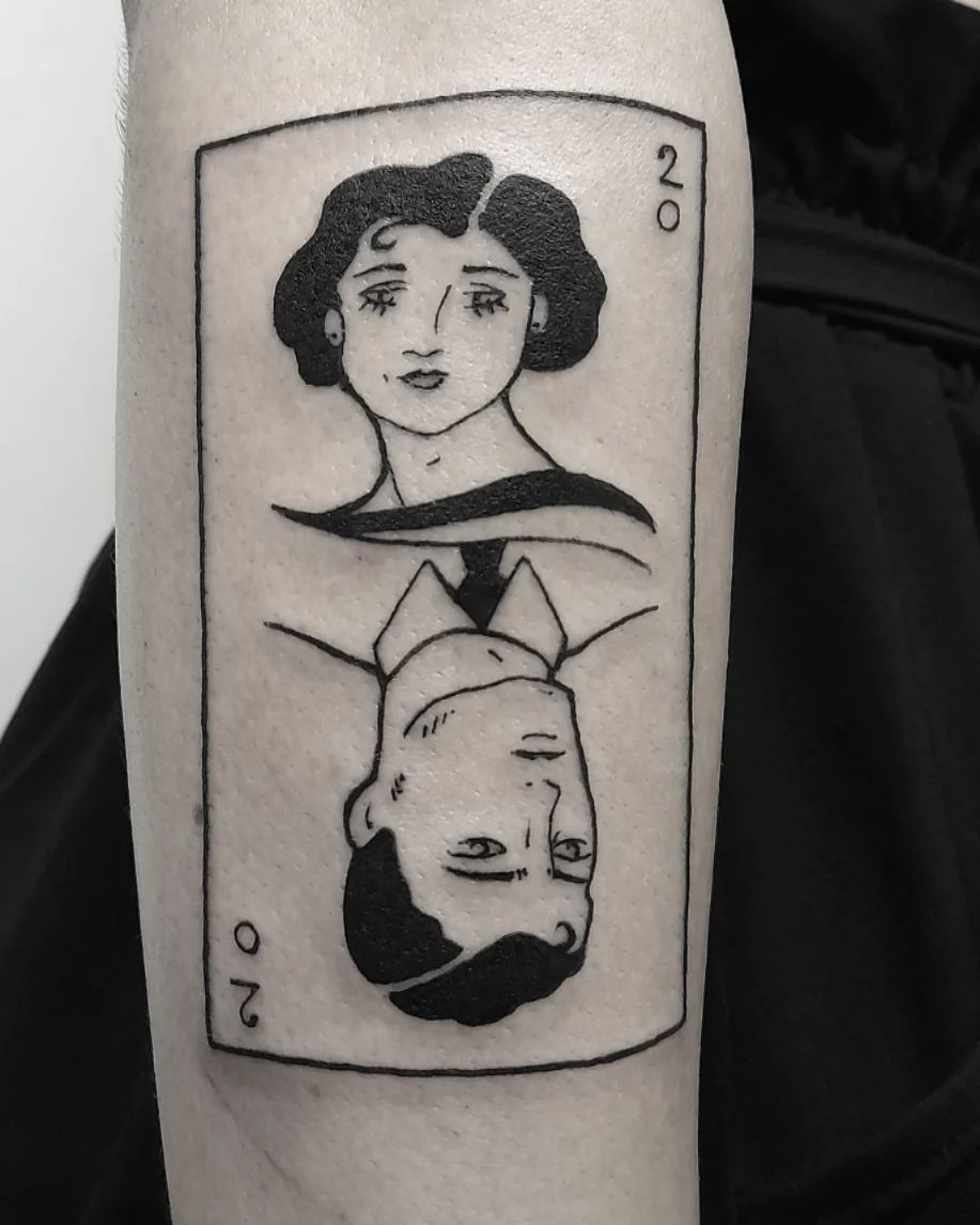  Fine Line Man and Woman Card Tattoo • Tattoodo