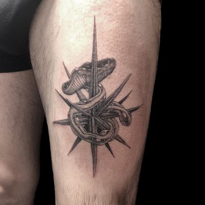 Mesmerizing black and gray micro-realism tattoo by Misa featuring stars, mushrooms, and spikes. Perfect for upper leg placement.