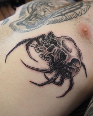 Dark and intricate design by Alex Travers, perfect for ribs. Explore the fusion of spider and skull motifs in this unique piece.