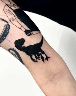 Impressively detailed blackwork design of a T-Rex by the talented artist Miss Vampira. Perfect for dinosaur lovers!