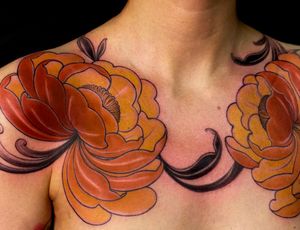 Vibrant flower design by Edyta, adding a pop of color to your chest with a modern twist.