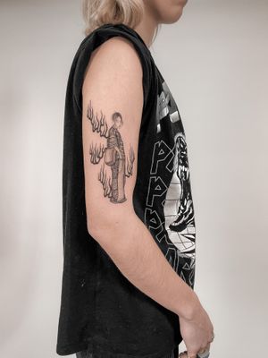 Stunning black and gray neo-traditional tattoo of a girl on the arm by Federico Tronconi.