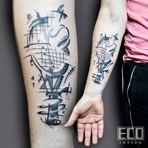 Unique black and gray forearm tattoo by Lin Feng featuring a geometric figure holding a balloon in fine line style.